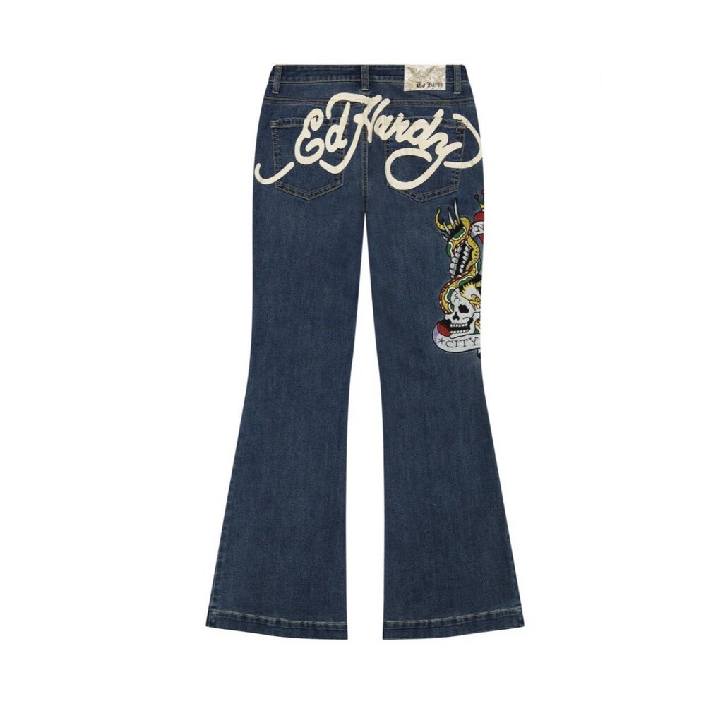 Ed Hardy Women Flare Jeans 28 NWT New York City Skull Eagle Embroidered Y2KDenim - Picture 3 of 14